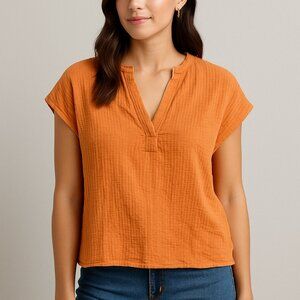 Lush Tangerine Textured Cotton V-Neck Blouse